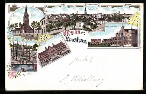 Lithographie Elmshorn, Totalansicht, Kirche, Reit- und Fahrschule & Hafenblick