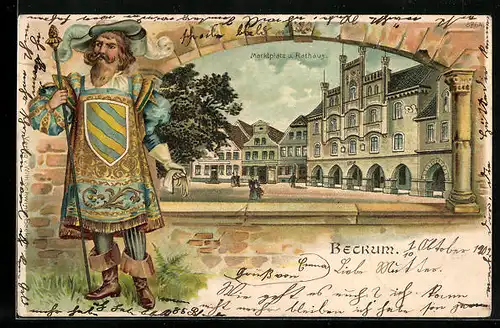 Passepartout-Lithographie Beckum, Marktplatz und Rathaus, Wappen