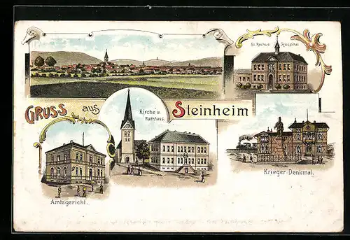 Lithographie Steinheim, St. Rochus-Hospital, Amtsgericht, Krieger-Denkmal