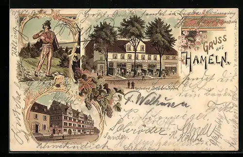 Lithographie Hameln, Restaurant Unter den Linden, Hochzeitshaus, Rattenfänger von Hameln