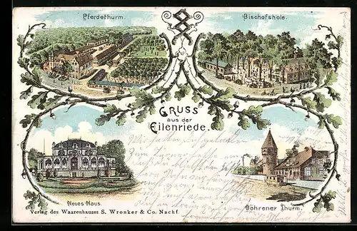 Lithographie Hannover, Eilenriede, Gasthaus Bischofshole, Döhrener Turm, Neues Haus