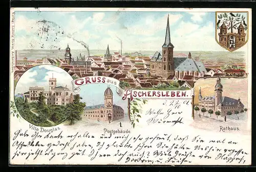 Lithographie Aschersleben, Villa Douglas, Rathaus, Postgebäude