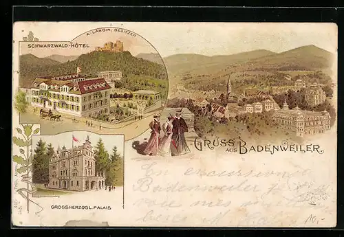 Lithographie Badenweiler, Schwarzwald-Hotel v. A. Längin, Grossherz. Palais, Ortsansicht, Pferdekutsche