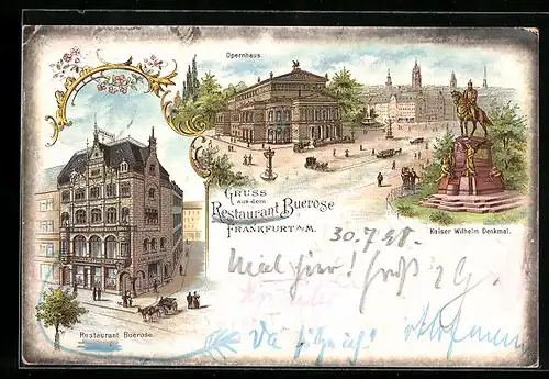 Lithographie Frankfurt a. M., Restaurant Buerose, Opernhaus mit Kaiser Wilhelm-Denkmal