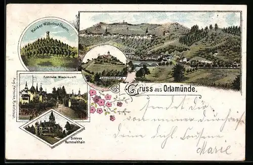 Lithographie Orlamünde, Gasthaus Fröhliche Wiederkunft, Schloss Hummelshain, Leuchtenburg