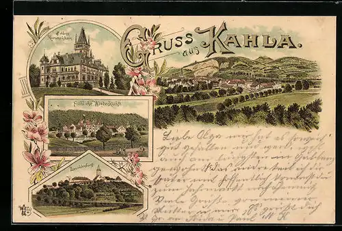 Lithographie Kahla, Gasthaus Fröhliche Wiederkunft, Schloss Hummelshain, Leuchtenburg