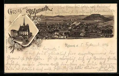 Lithographie Pössneck, Totalansicht, Rathaus