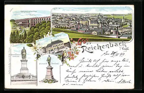 Lithographie Reichenbach i. Vogtl., Rathaus, Göltzschthalbrücke, Bismarck-Denkmal