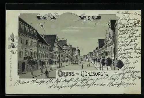 Mondschein-Lithographie Günzburg a. D., Strassenpartie mit Apotheke