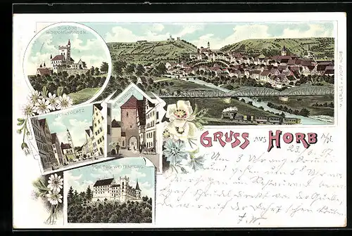 Lithographie Horb a/N, Schloss Hohen-Mühringen, Schloss Weitenburg, Ihlingerthor, Markt