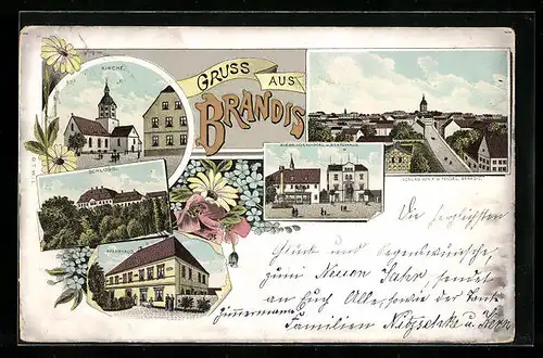 Lithographie Brandis, Kirche, Schloss, Siegesdenkmal und Stadthaus, Pfarrhaus