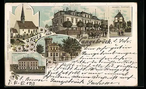 Lithographie Langebrück, Hotel zur Post, Beamtenschule, Postamt