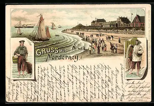 Lithographie Norderney, Strandpartie mit Booten