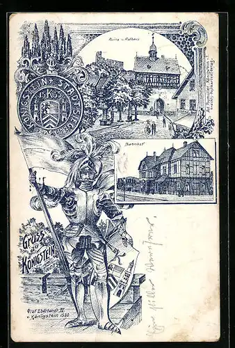 Lithographie Königstein i. Taunus, Bahnhof, Ruine und Rathaus, Graf Eberhardt IV.