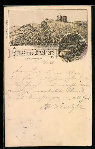 Lithographie Hörselberg, Berg mit Aussicht und Gasthof