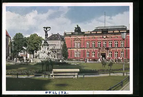 AK Görlitz, Postplatz mit Kunstbrunnen