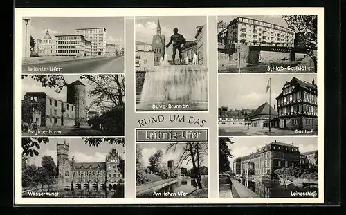 AK Hannover, Partie am Leibniz-Ufer mit Duve-Brunnen, Leineschloss, Wasserkunst, Beginenturm