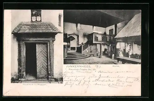AK Kreuztal, Gasthaus Schloss Junkernhees, Küche, Haustür mit Wappen