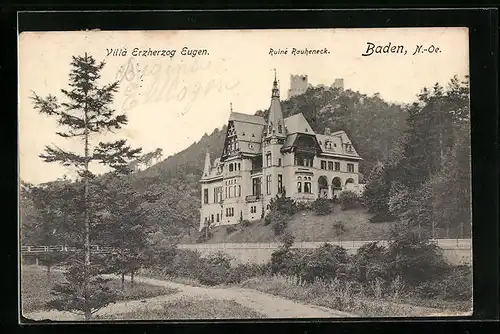 AK Baden, Villa Erzherzog Eugen mit Ruine Rauheneck