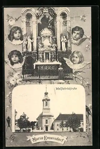 Passepartout-AK Maria Enzersdorf, Wallfahrtskirche, Gebäude, Altar, Engel