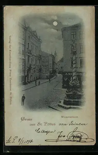 Mondschein-AK St. Pölten, Wienerstrasse mit Säulendenkmal