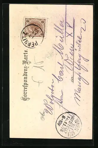 Lithographie Pernitz, Spaziergängerin auf einer Holzbrücke