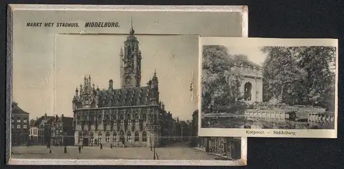 Leporello-AK Middelburg, Markt met Stadhuis, Balans, Stationsweg, Abdij