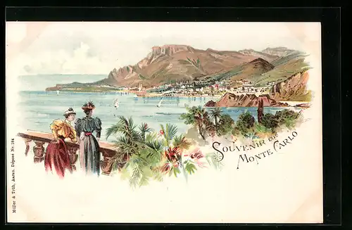 Lithographie Monte Carlo, Gesamtansicht der Hafenstadt