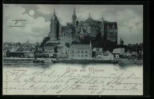 Mondschein-AK Meissen, Die Albrechtsburg, vom Wasser gesehen
