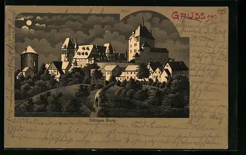 Lithographie Solingen, Blick zum Schloss Burg