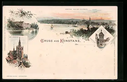 Lithographie Konstanz, Inselhotel, Teilansicht mit Münster, Gesamtansicht
