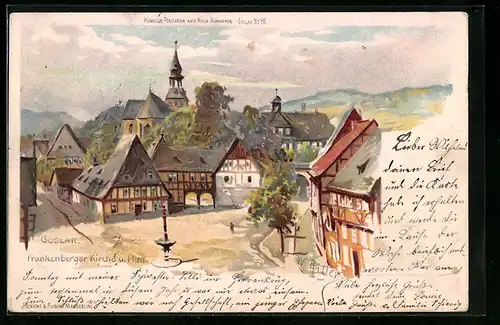 Lithographie Goslar, Frankenberger Kirche & Plan