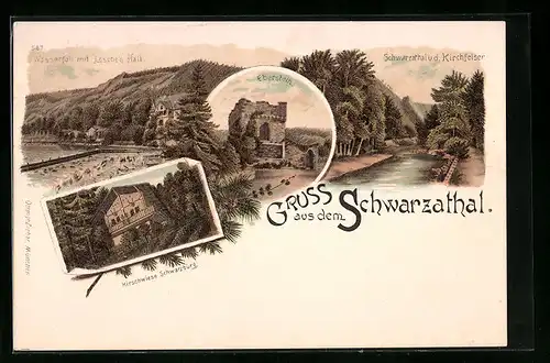 Lithographie Schwarzburg /Schwarzathal, Haus Kirschwiese, Wasserfall mit Lösches Hall