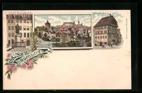 Lithographie Nürnberg, Albrecht Dürer-Haus und -Denkmal, Ortsansicht