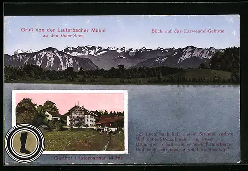 AK Seeshaupt, Gasthof Lauterbacher Mühle, Blick auf das Karwendel-Gebirge