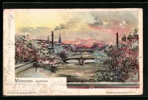 Lithographie München, winterlicher Blick auf die abendliche Isar