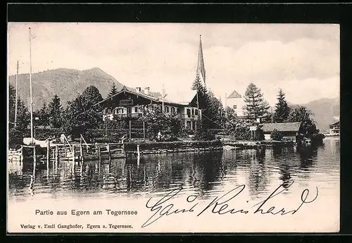 AK Egern / Tegernsee, Gebäude am Seeufer, Kirche