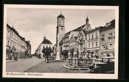 AK Weilheim /Obb., Partie am Marienplatz mit Blick auf Kirche