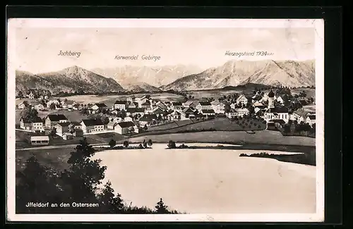 AK Iffeldorf an den Osterseen, Ortsansicht mit Iochberg, Karwendel Gebirge und Herzogstand