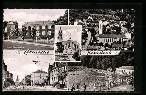 AK Letmathe /Sauerland, Haus Letmathe, Freibad, Hagerstrasse mit Rathaus