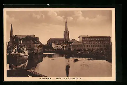 AK Buxtehude, Hafen mit Malerschule und Kirche