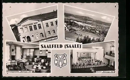 AK Saalfeld /Saale, Gesamtansicht mit Theater u. Gaststätte Meininger Hof