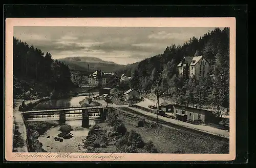 AK Flossplatz b. Wolkenstein /Erzgeb., Talansicht mit Fluss und Brücke