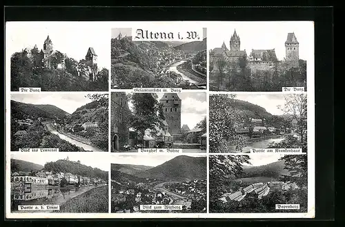 AK Altena i. W., Neun Ansichten von Stadt und Umgebung