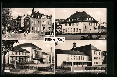 AK Flöha / Sa., August-Bebel-Strasse und Rathaus, Postamt, Bahnhof, Lehrkombinat des VEB Baumwollspinnerei