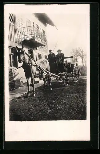 Foto-AK Paar in Mänteln auf dem Kutschbock eines Einspänners