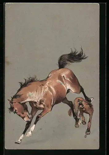 Präge-Lithographie Edles Pferd wird von einem Wolf gejagt