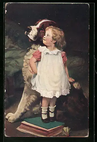 AK Kleines Mädchen mit sitzendem Bernhardiner