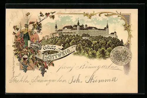 Lithographie Göttweig, Blick zum Schloss, Sektflasche