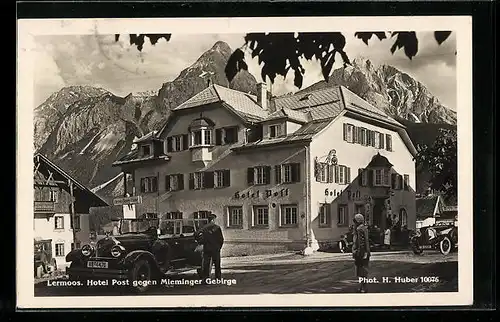 AK Lermoos, Hotel Post gegen Mieminger Gebirge